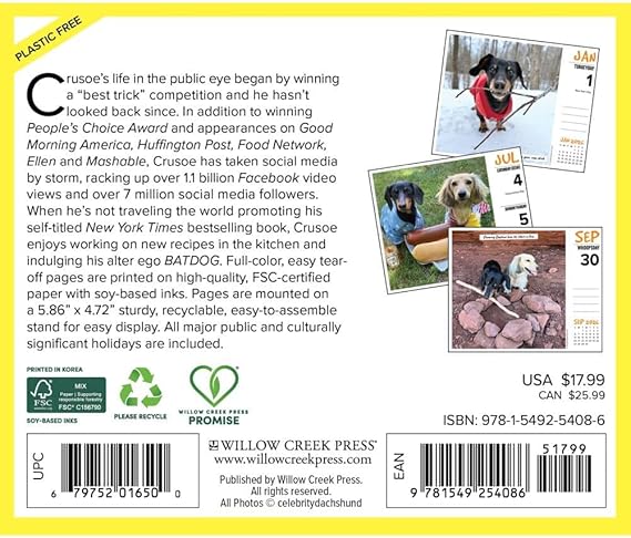 Crusoe Dachshund Calendar 2026 box back
